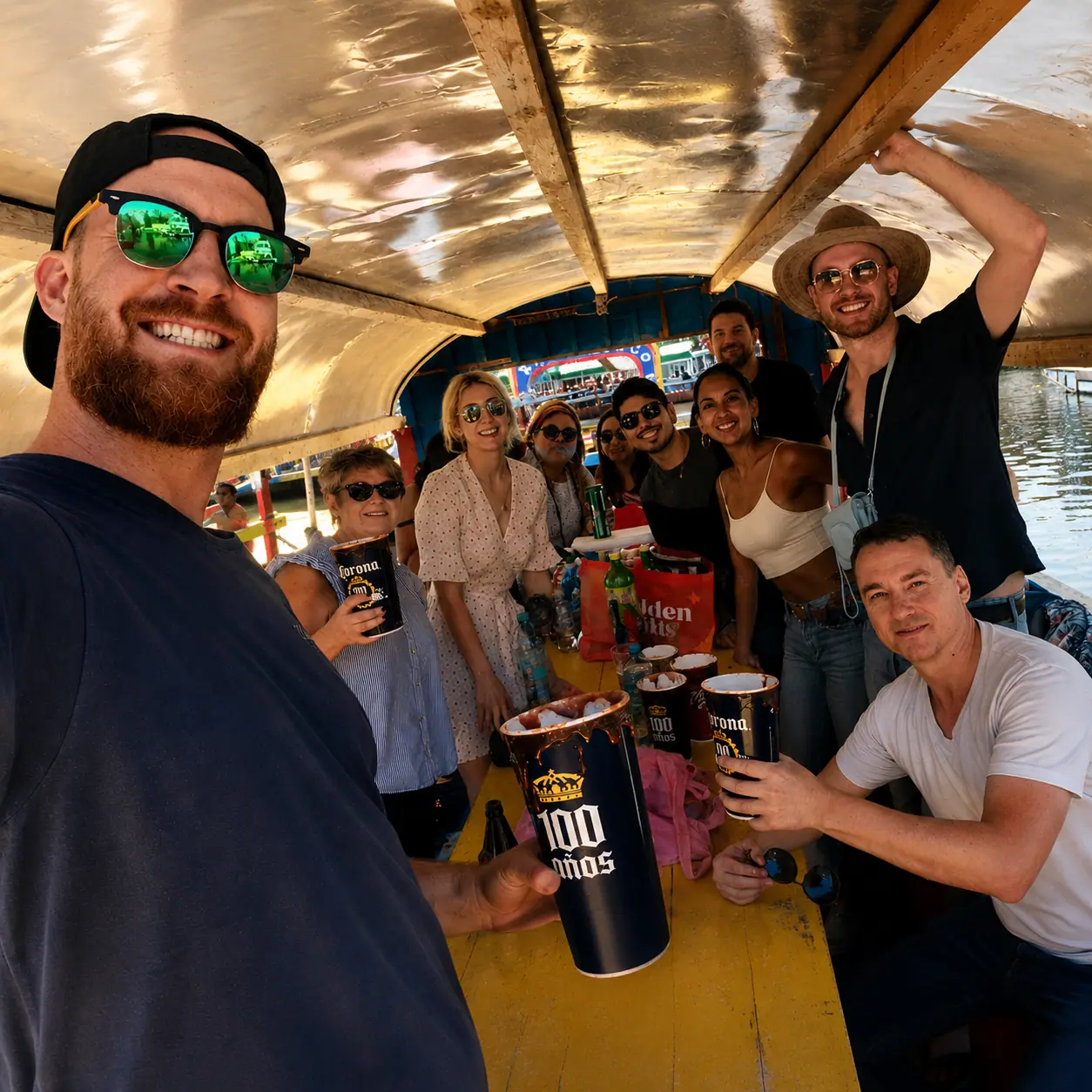 Bachelor party group on a private trajinera in Xochimilco